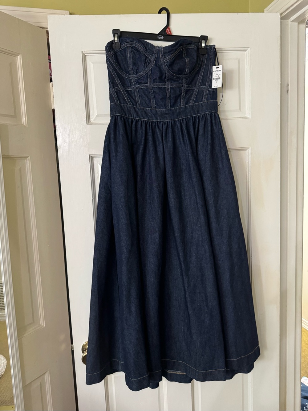 Express Navy Denim Strapless Midi Dress